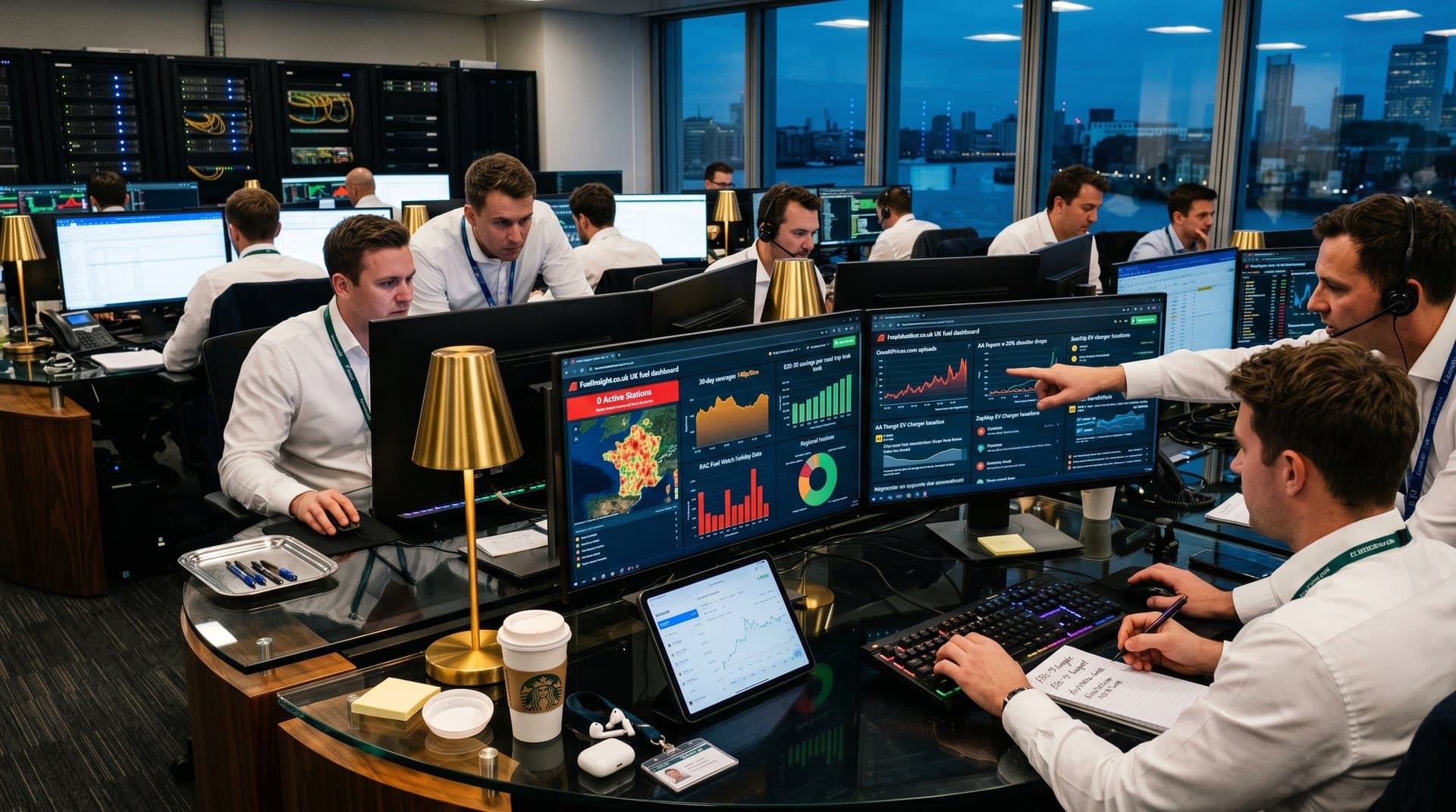 Trading desks with monitors displaying UK fuel price intelligence maps, 0 active stations alerts, and road trip budget analytics in modern London office