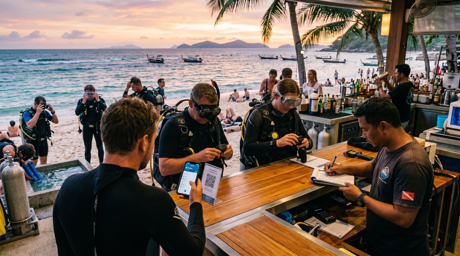Adventurer scans QR code for Ethereum smart contract USDT payment at tropical dive shop beach, blockchain travel innovation