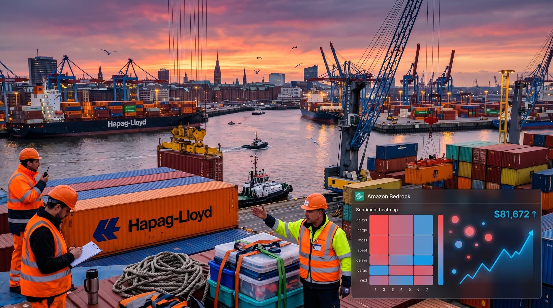 Hamburg port with Hapag-Lloyd ship and Amazon Bedrock AI dashboard overlay showing feedback analysis