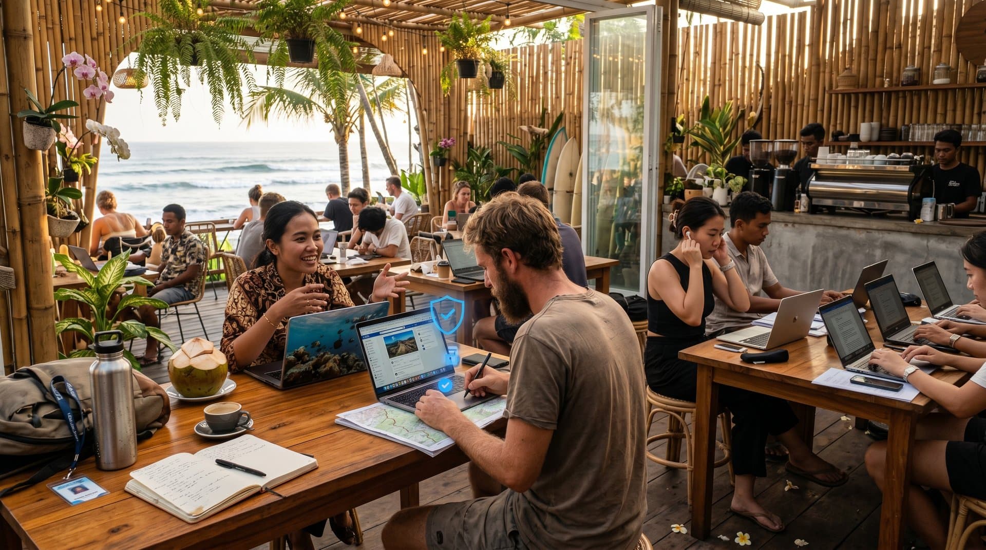 Travelers plan secure trips on Meta platforms with AI age restrictions visualized as protective digital shields over social media screens