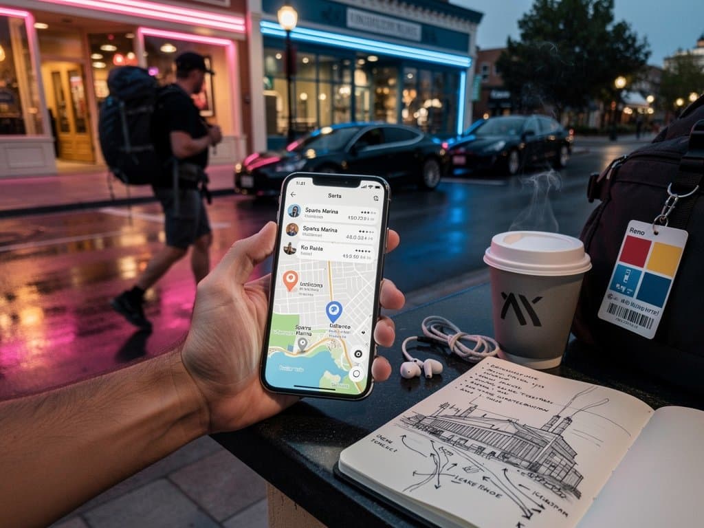 AI police chatbot on smartphone with Sparks map, Gigafactory, and Tahoe trails amid BTC ticker