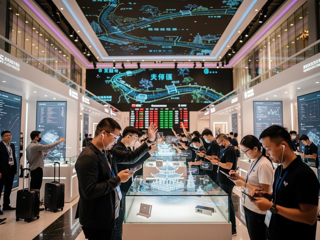 Holographic AR maps and AI travel gadgets at Changzhou conference hall with BTC charts and smart terminals amid neon-lit tech expo