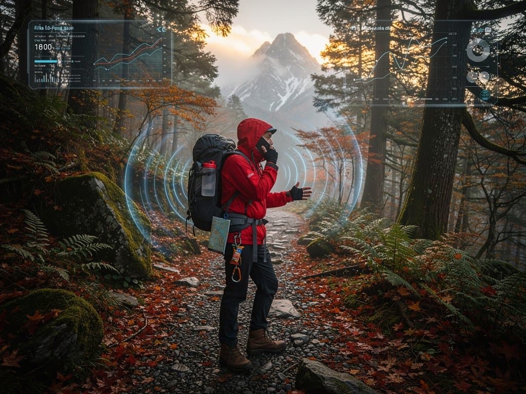 Backpacker dials NaviDial on misty Japan trail with BTC chart and Fear & Greed 23 overlay