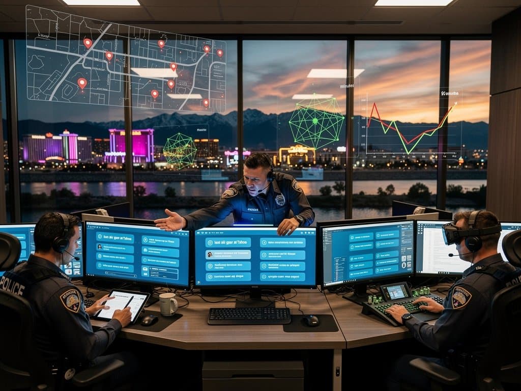 AI-powered Sparks Police dispatch screens handling traveler calls with Reno skyline and casino lights in background