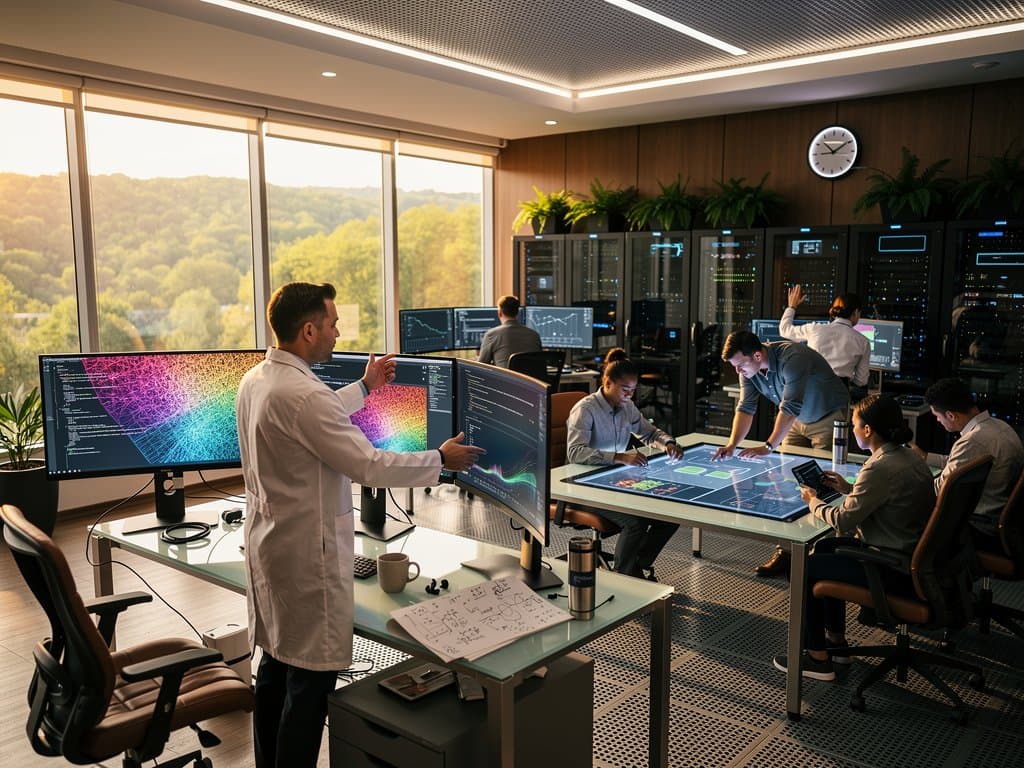 Modern AI lab with neural network screens, server racks, and tech equipment in a sunlit Johns Hopkins facility in Maryland