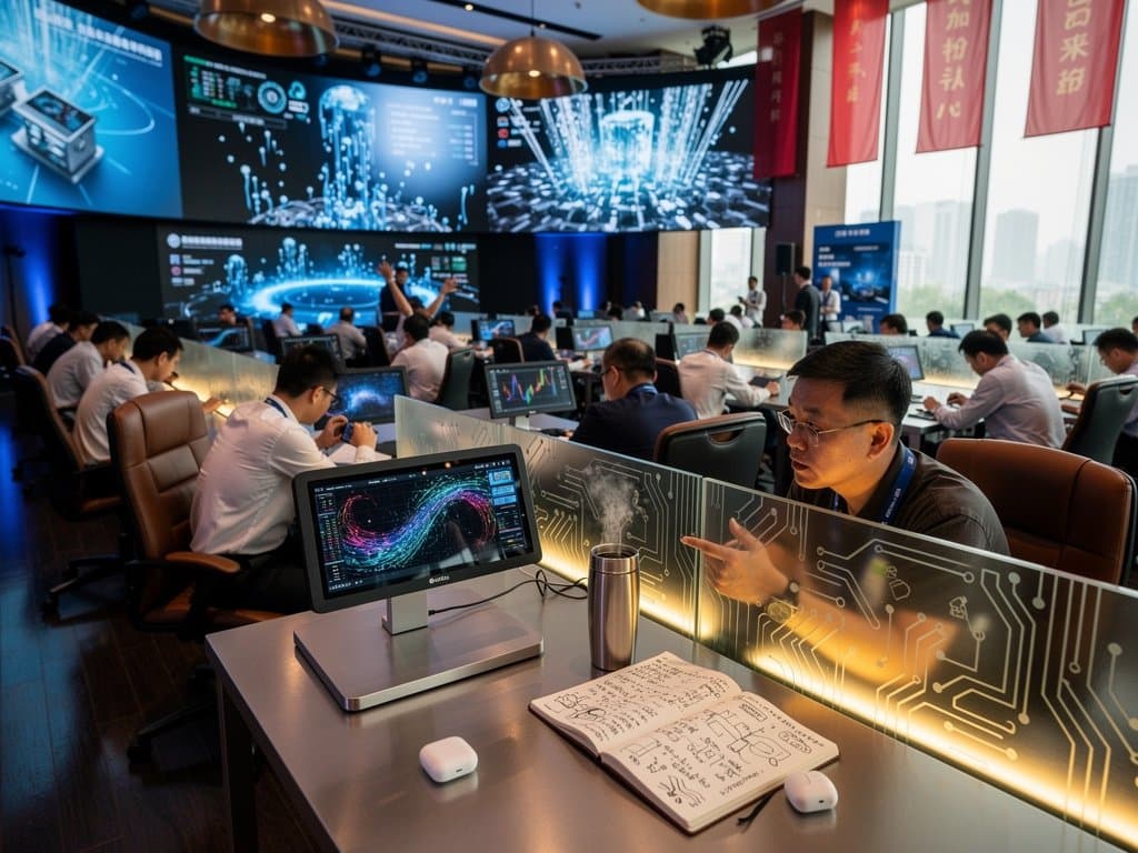 Engineers demo AI terminals with crypto displays in Changzhou conference hall amid modern expo buzz