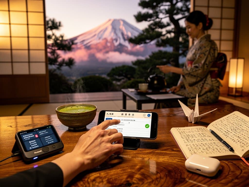 Smartphone screen shows AI translating Japanese visa kanji to English on ryokan table with Pocketalk, steaming matcha, origami crane, Mount Fuji dawn view, BTC notification in high-tech serene travel