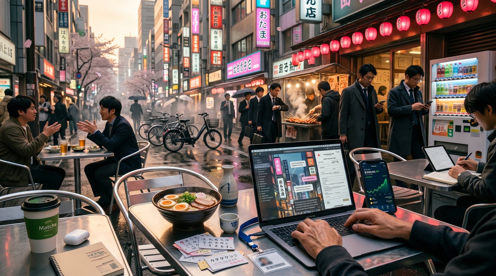Tokyo nomad uses AI translator app on laptop amid visa docs and crypto wallet, neon city backdrop
