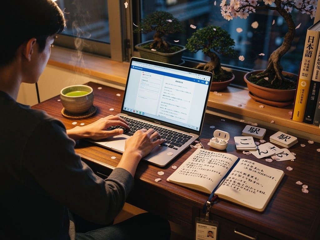 Laptop displaying DeepL translating Japan visa form with Tokyo skyline, cherry blossoms, and matcha