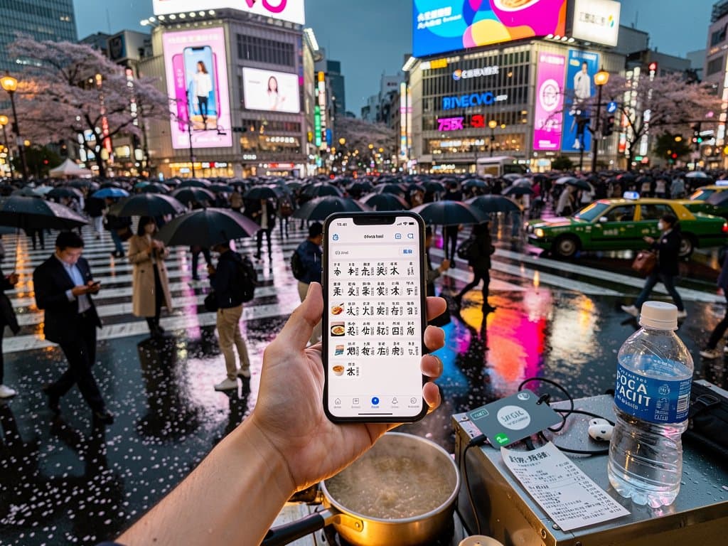 AI smartphone translates Japanese menu at Tokyo's Shibuya scramble during rainy dusk, neon reflections on wet streets with ramen steam.