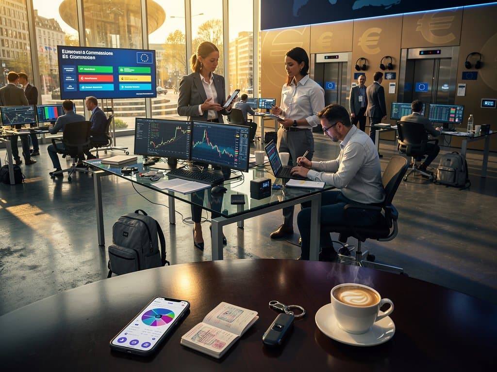 EU lobby pros secure crypto chats on devices amid policy screens and travel gear