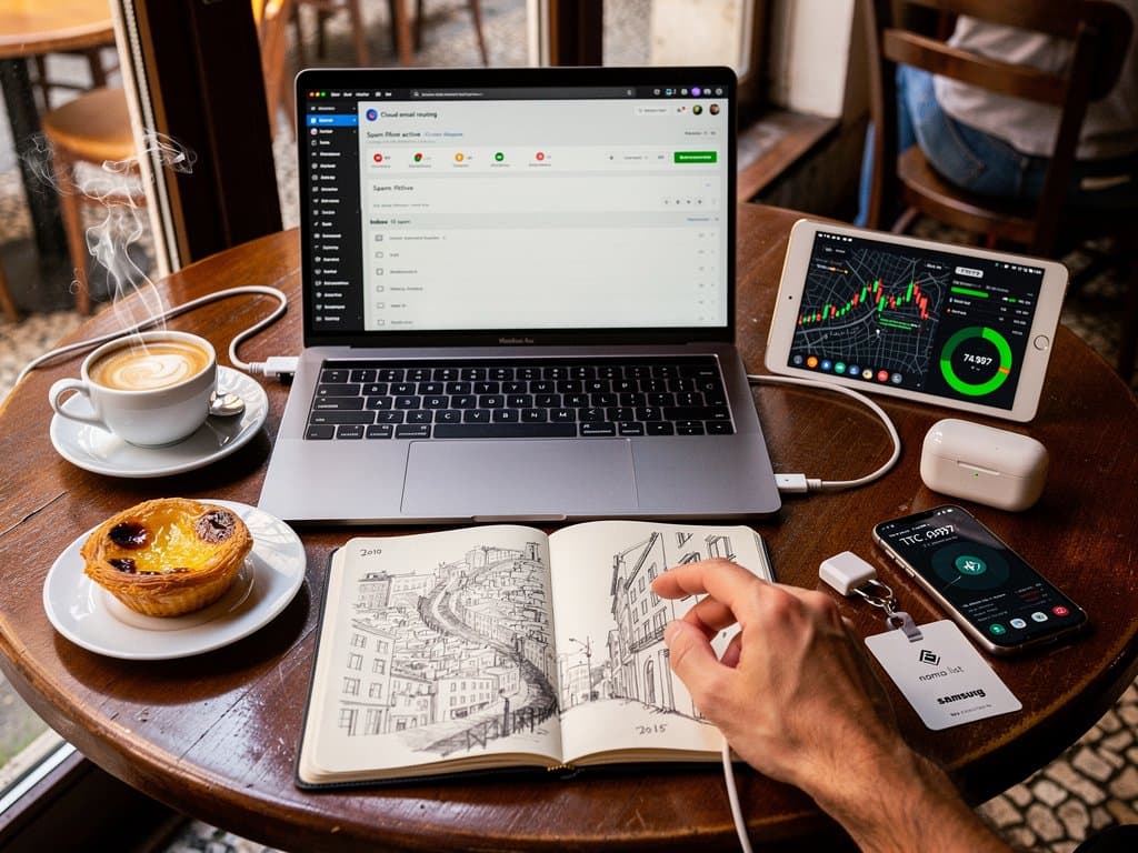Laptop displaying Cloudflare Email dashboard on cafe table amid coffee and travel gear in Lisbon cafe
