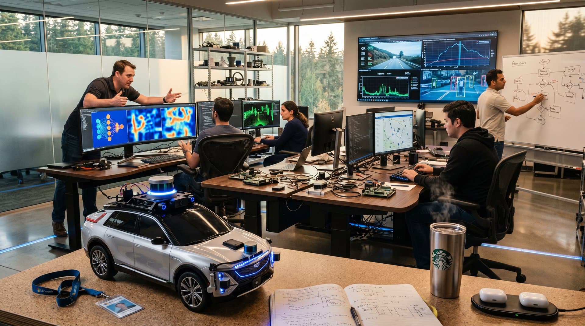 Scale model autonomous SUV and AI driving simulations on ultrawide monitors in high-tech Microsoft automotive lab