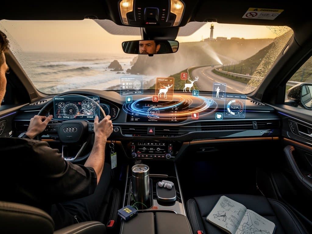 Futuristic SUV dashboard with Microsoft AI navigation and safety overlays on coastal highway at dusk