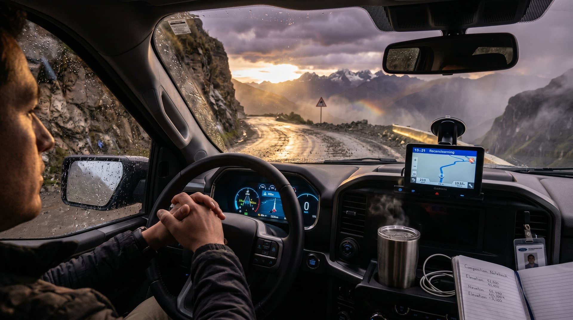AI-enhanced vehicle dashboard on rainy mountain road predicting hazards amid Andean peaks