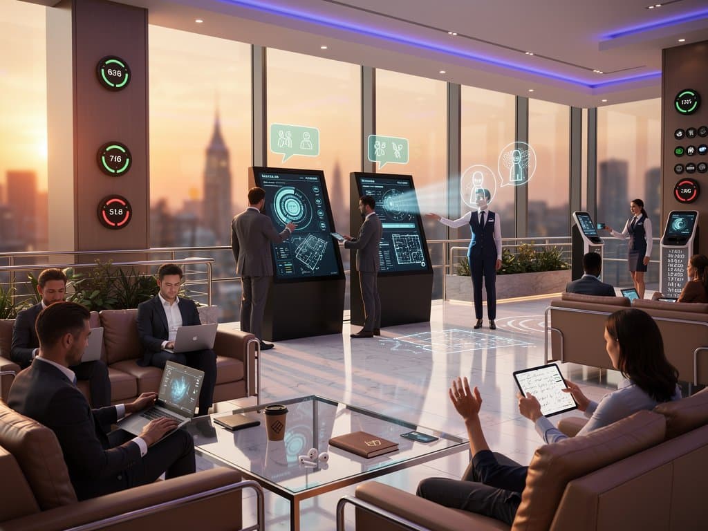 AI-powered hotel lobby with digital kiosks, pricing dashboards, and contactless check-in screens