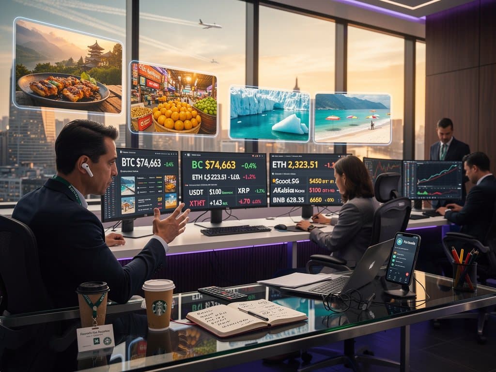 Trading screens show top 10 cryptos 2026 like BTC $74k, airline deals to exotic spots amid Fear Index 21 charts