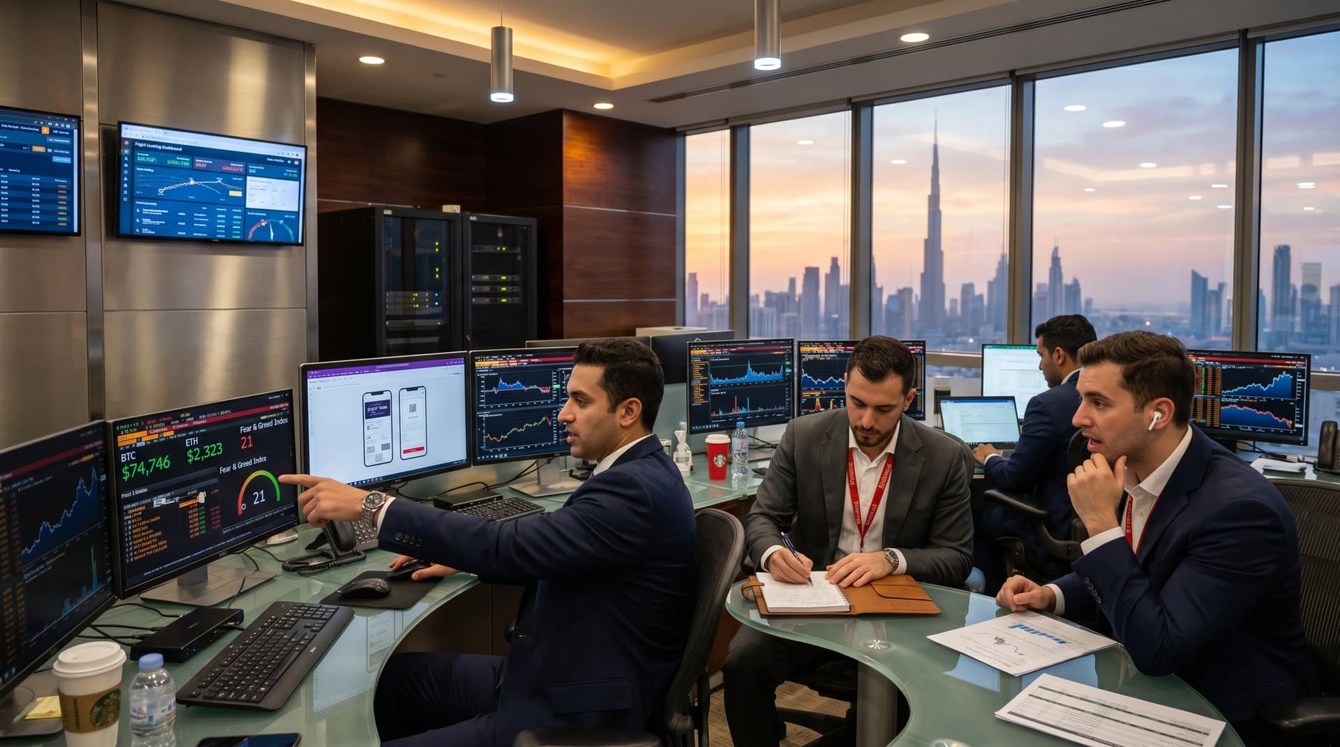 Airline finance office screens display top 10 cryptos 2026 prices, travel payment dashboards, and Dubai skyline view