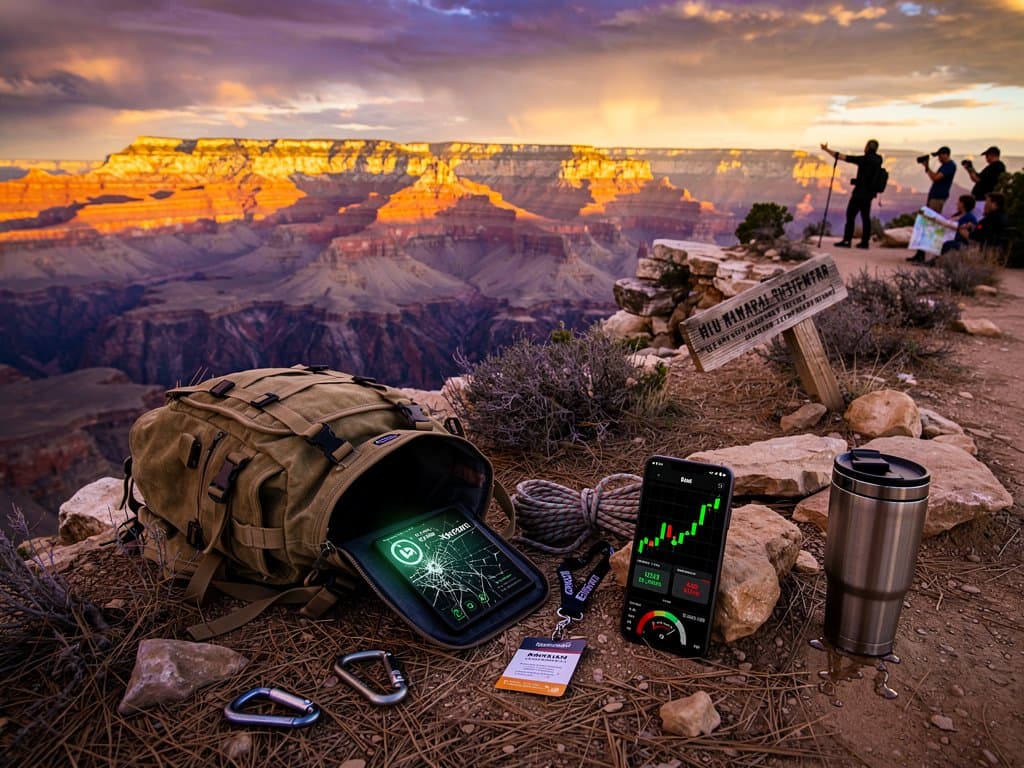 Grand Canyon vista with crypto scam alerts, BTC price $75K, Fear & Greed 21 overlay on red rocks and trails