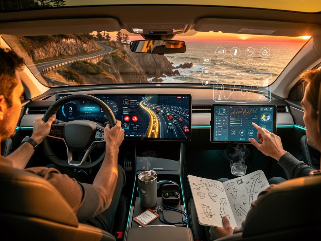 AI navigation overlays and holographic dashboards in futuristic Microsoft automotive lab