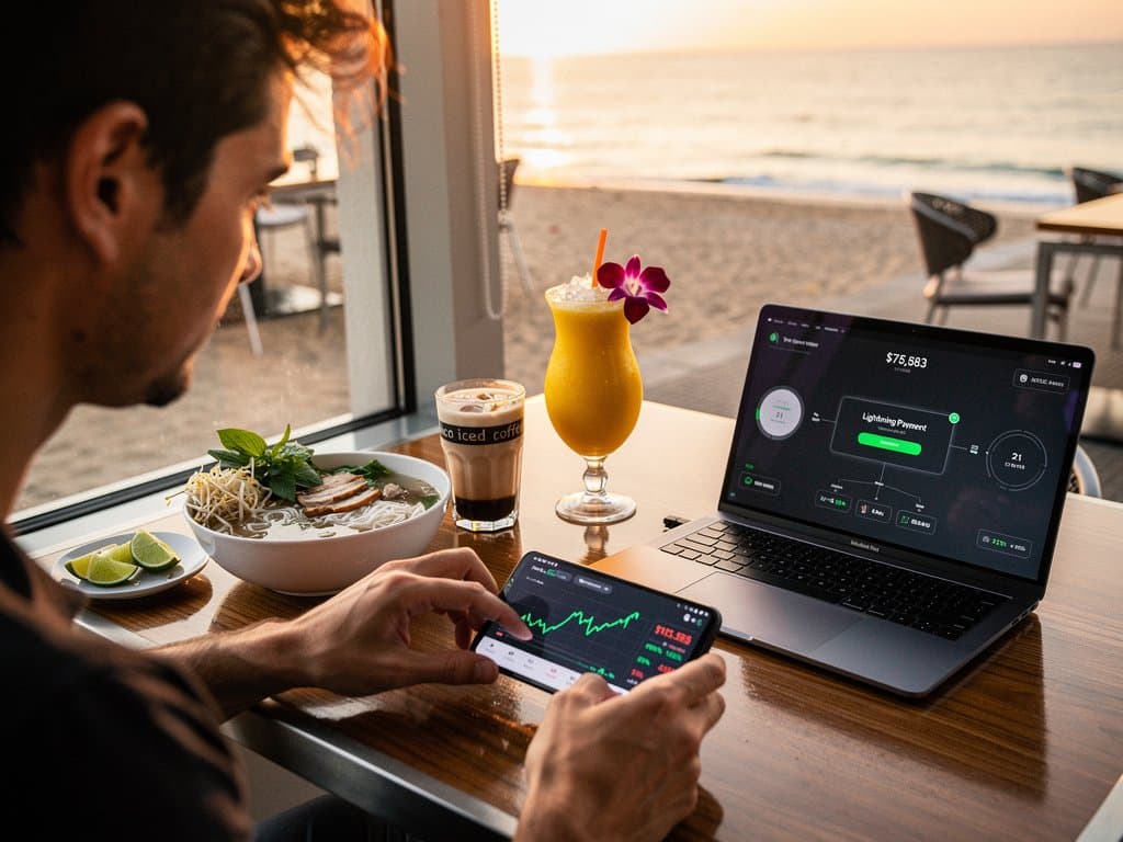 Nomad at beach cafe checks BTC price at $75K and Fear & Greed Index on phone for travel payments