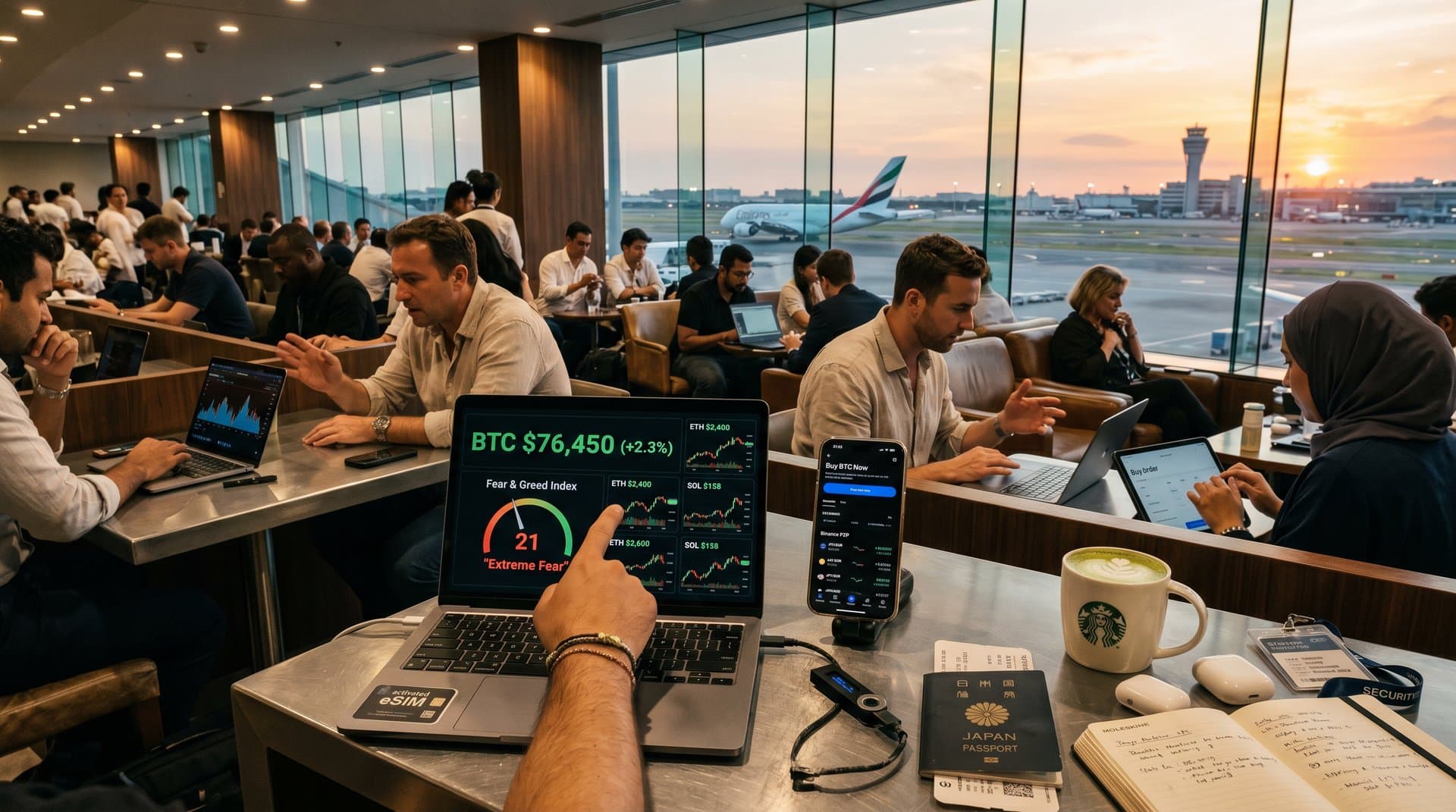 Trading monitors display BTC at $76K, Fear Index 21, crypto charts in modern finance setup