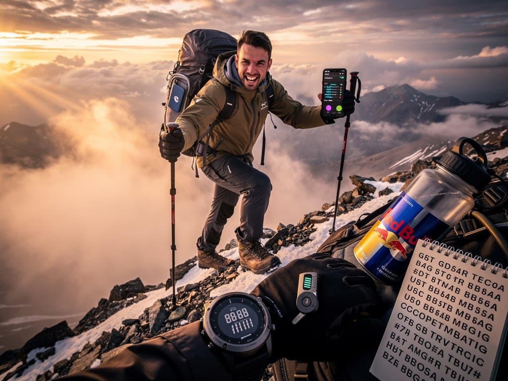 Adventurer checks USDT wallet on Andean ridge amid Solana and Drift charts, dramatic mountain sunset