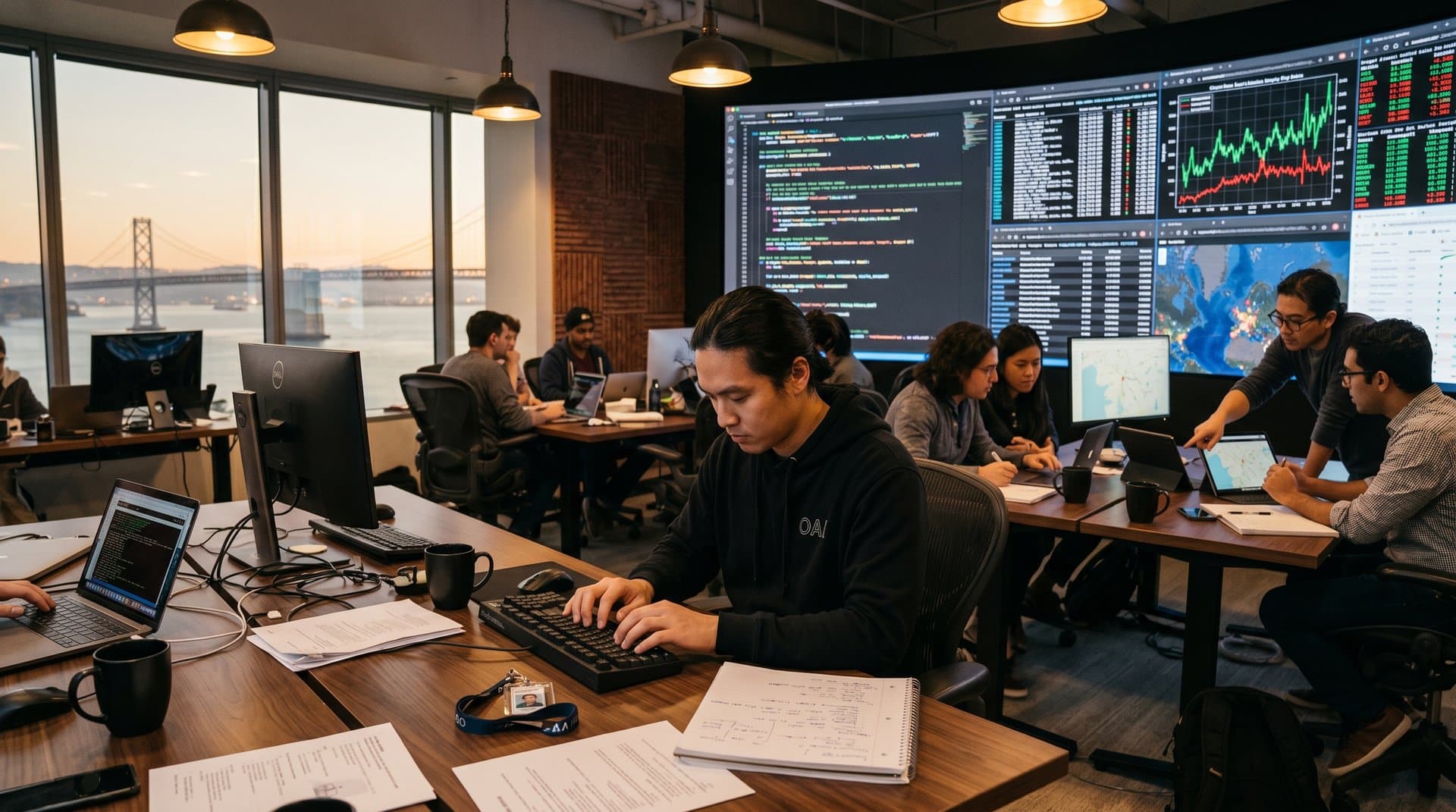 OpenAI lab scene with code for Codex AI travel planning on video wall amid crypto charts and API docs