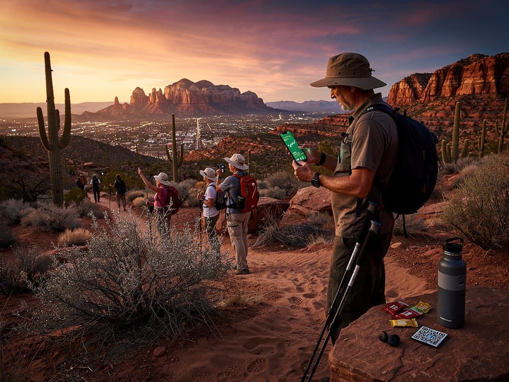 Arizona traveler checks crypto scam alerts amid Sedona red rocks and BTC price surge on phone screen