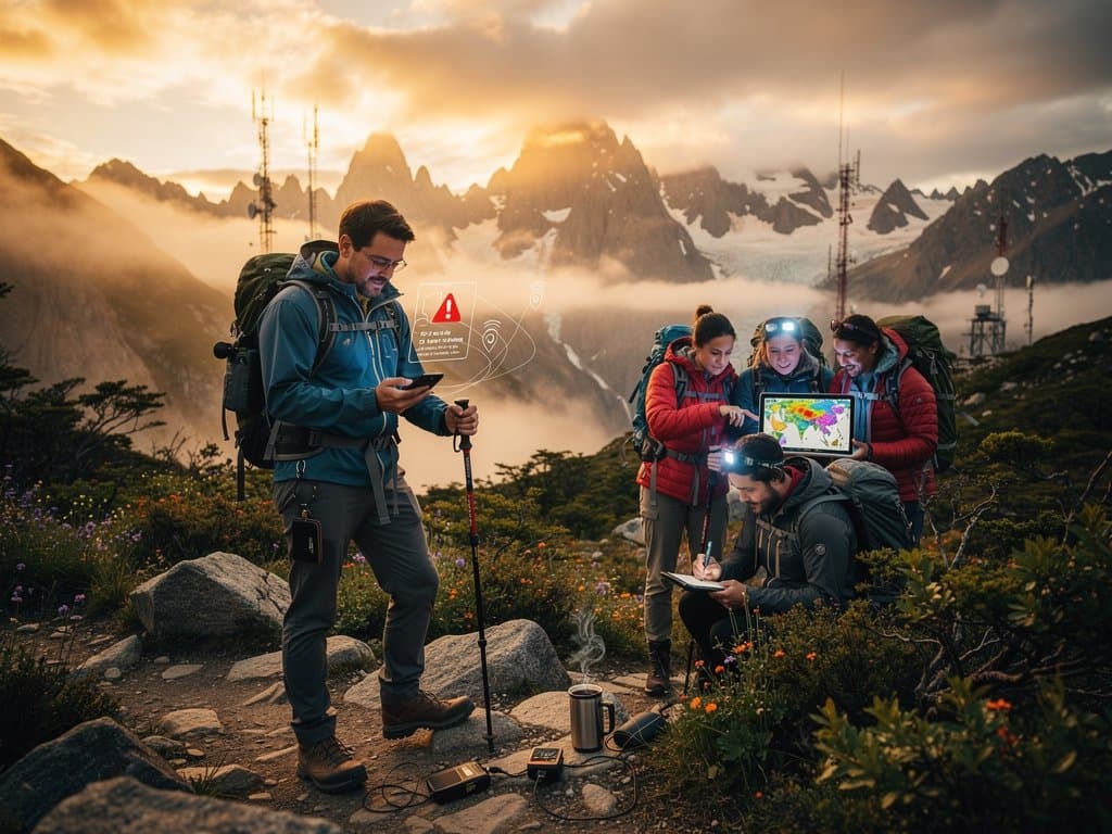 Patagonia trail with geolocation tracking overlays and data streams threatening traveler privacy