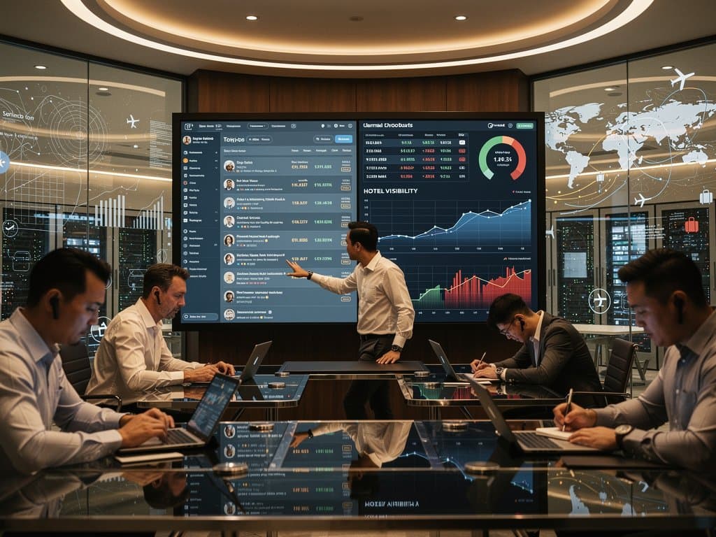 AI search results dashboard showing NerdWallet and Reddit dominating hotel queries amid crypto market charts