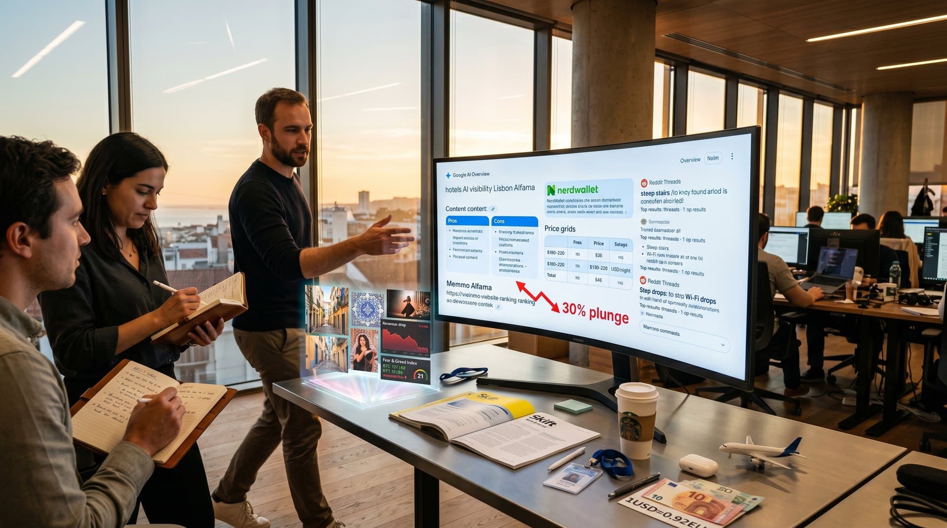 AI search results prioritize NerdWallet and Reddit over hotels, with finance charts and travel visuals