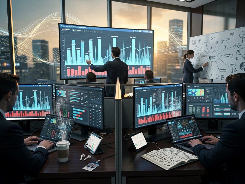 Abstract data visualization of AI search visibility metrics favoring travel aggregators over hotels and airlines in futuristic tech style