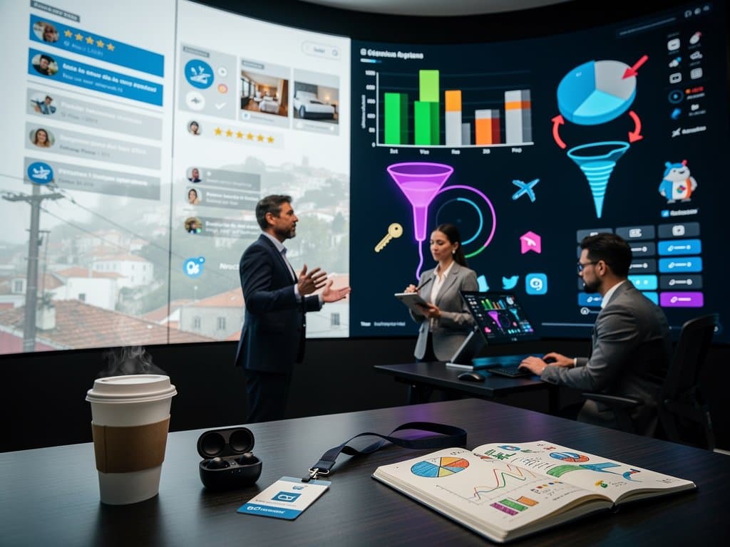 AI chat interface displaying top NerdWallet and Reddit results for hotel searches, with visibility metrics and revenue impact graphs