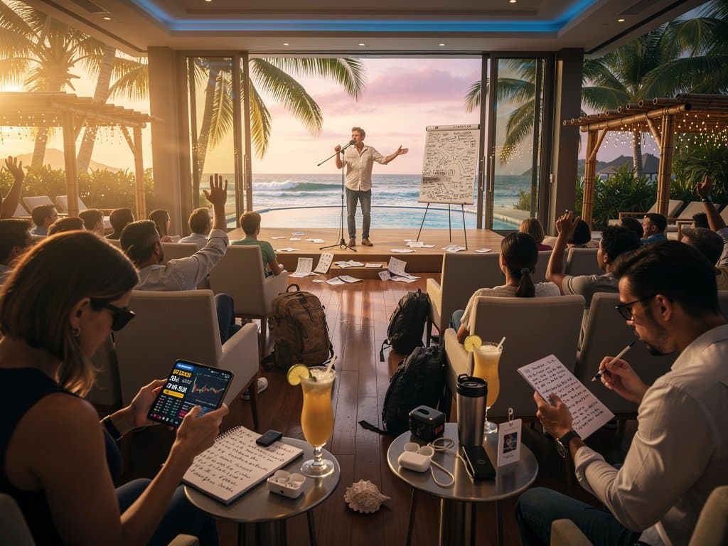Empty Bali resort conference hall with crypto scam warnings on phone screen amid palm trees and ocean view