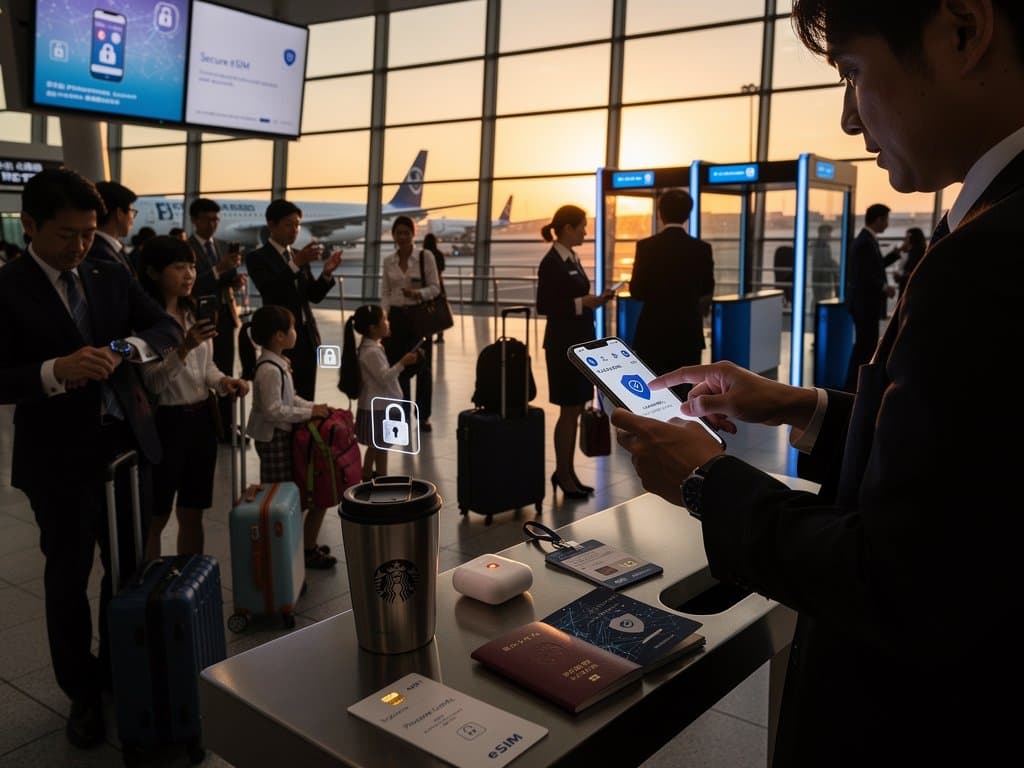 Traveler disables geolocation on smartphone amid airport terminal with privacy data shields and global map overlays