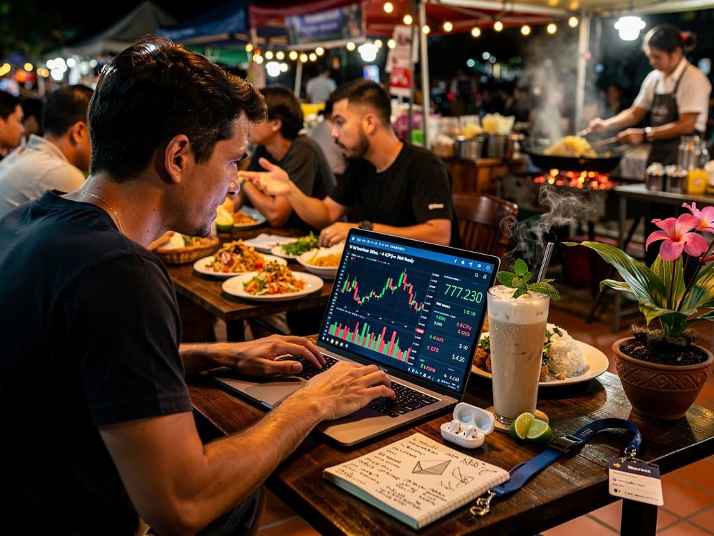 Laptop in Chiang Mai cafe displays portable VM boot log with crypto charts amid iced coffee and market blur