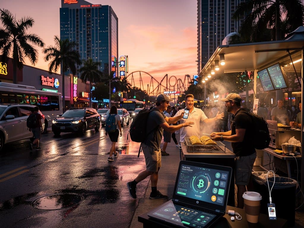 Orlando tourists spot crypto scam alerts on busy International Drive amid hostels and attractions