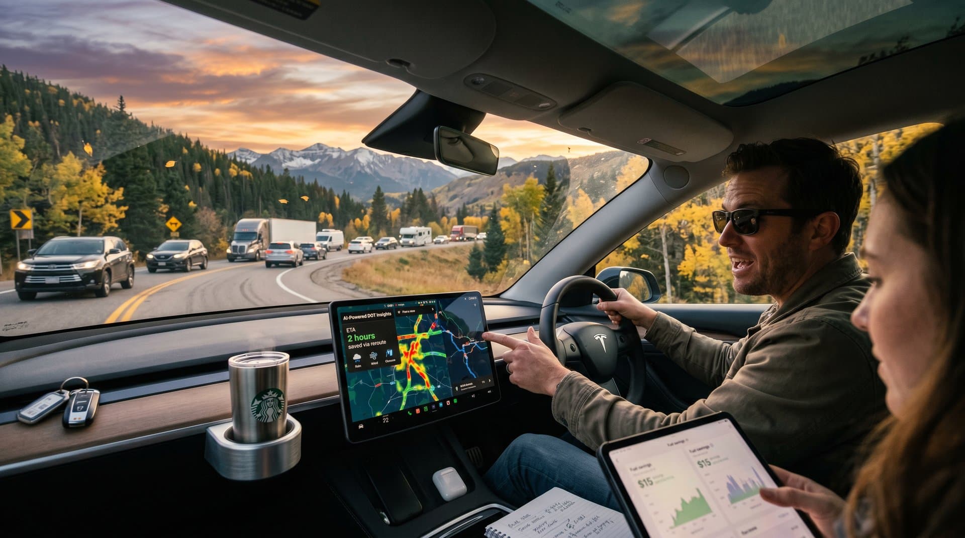 Smartphone app showing AI-Powered DOT Insights on scenic U.S. road trip highway at sunset
