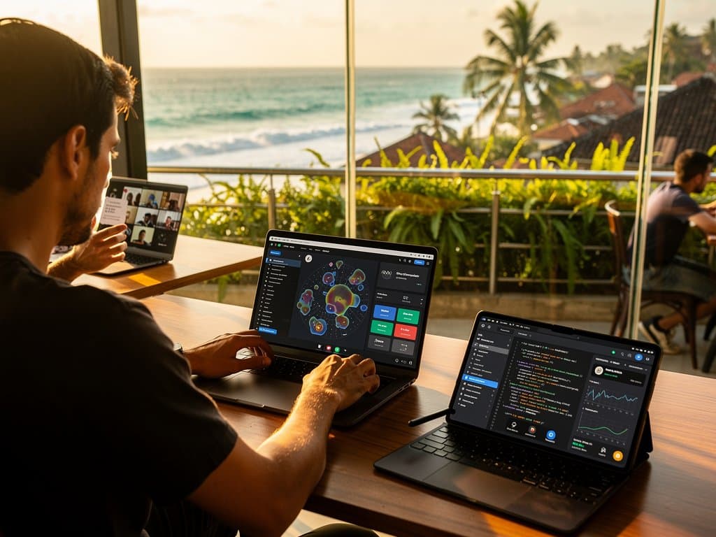 Digital nomad in Bali cafe uses geolocation privacy tech on laptop amid tropical coworking space