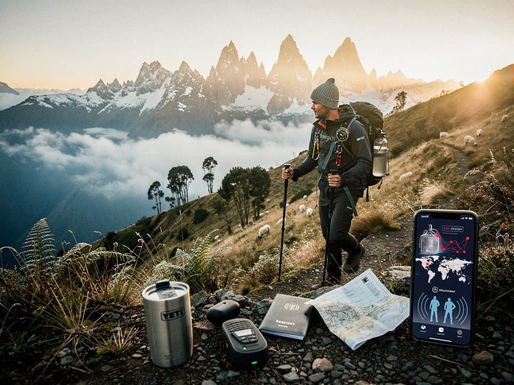 Hiker on Andean peak with smartphone geolocation data overlay and privacy shield, misty mountains in background