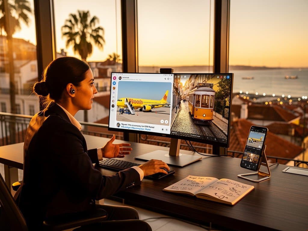 Tech desk with Facebook AI generating travel post captions from airline photos amid server glow and fare notes