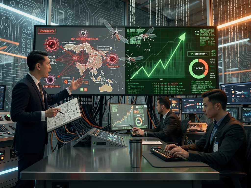 Tech lab screens showing AI diagnosis failures and BTC charts with travel disease maps