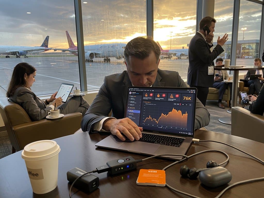Digital nomad laptop in Heathrow lounge scans Claude Code Opus 4.7 for malware amid BTC charts and airport views