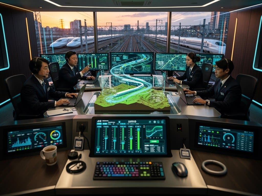 JR East control room monitors Shinkansen with multi-screen tech displays in modern operations hub