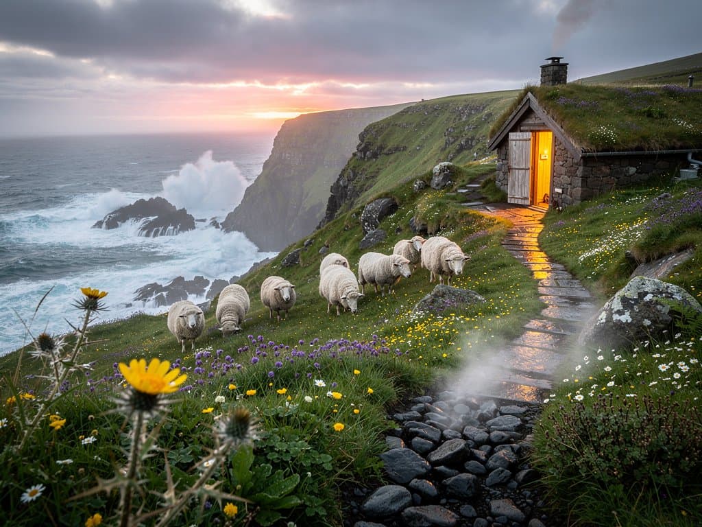Misty Faroe Islands cliffs with turf-roofed off-grid cabin overlooking ocean, evoking remote escape for tech skeptics
