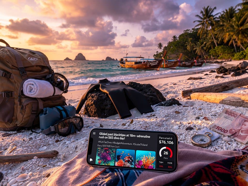 Traveler on beach with phone showing Facebook AI post generator, dive photos, BTC chart inset