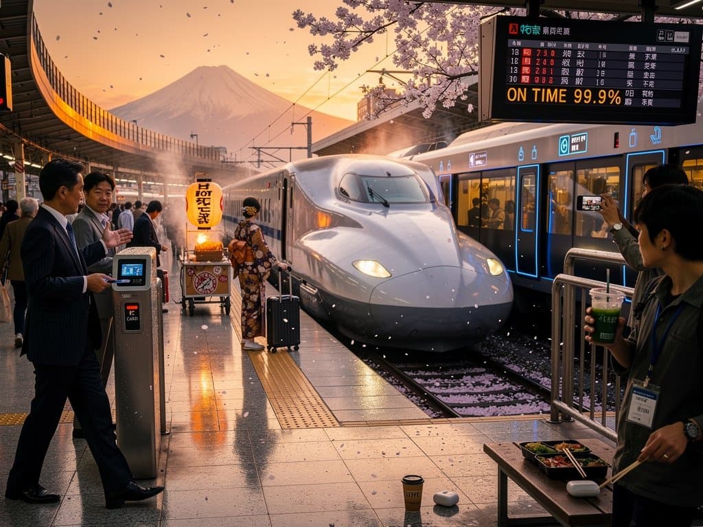 Shinkansen train arriving at Tokyo Station with passengers and Mount Fuji view