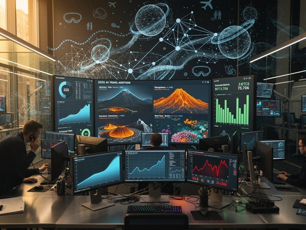 Glowing Jetstream AI graphs forecast 2026 adventure travel shifts amid BTC dips and sustainability metrics