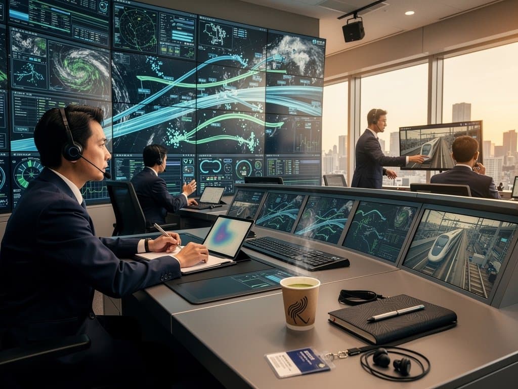 Engineers monitor Shinkansen networks on multi-monitor setups in a sleek Japanese rail control center